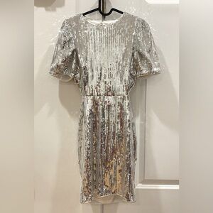 Lulus Silver Sequin Short Sleeve Backless Mini Dress